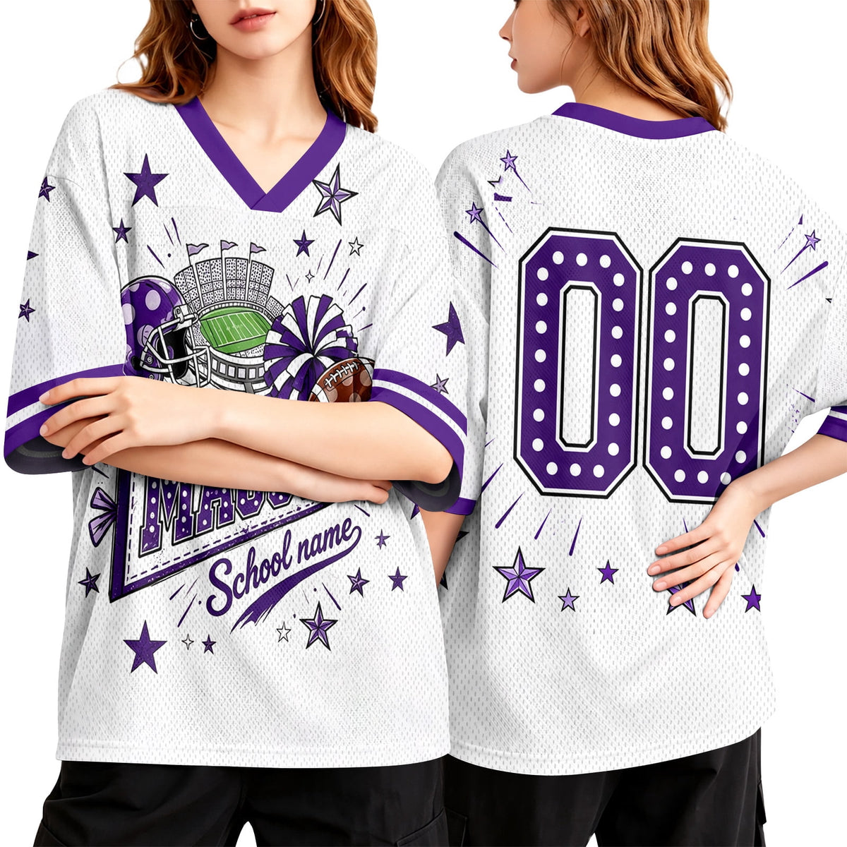 Football Shirts for Women Short Sleeve V Neck Vintage Game Day Graphic Sports Mesh Jersey Purple M