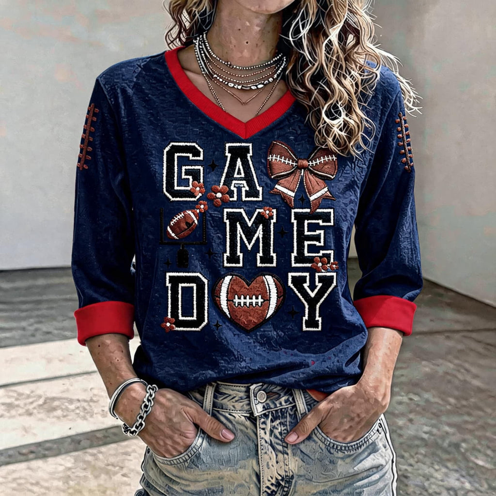 Football 3/4 Sleeve Shirts for Women Gameday Shirt Game Day Jersey V Neck