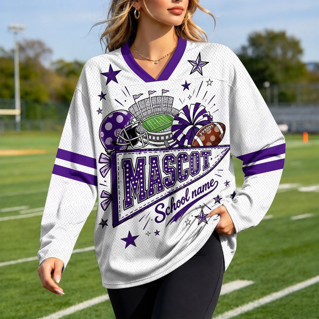 Football Shirts for Women Long Sleeve V Neck Vintage Game Day Graphic Sports Mesh Jersey Beige XL