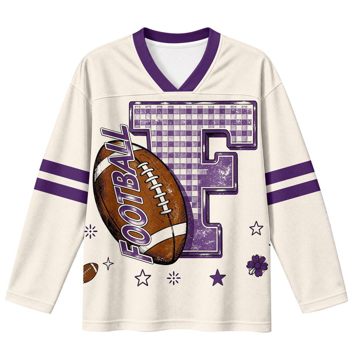 Football Shirts for Women Long Sleeve V Neck Vintage Game Day Graphic Sports Mesh Jersey Beige XL