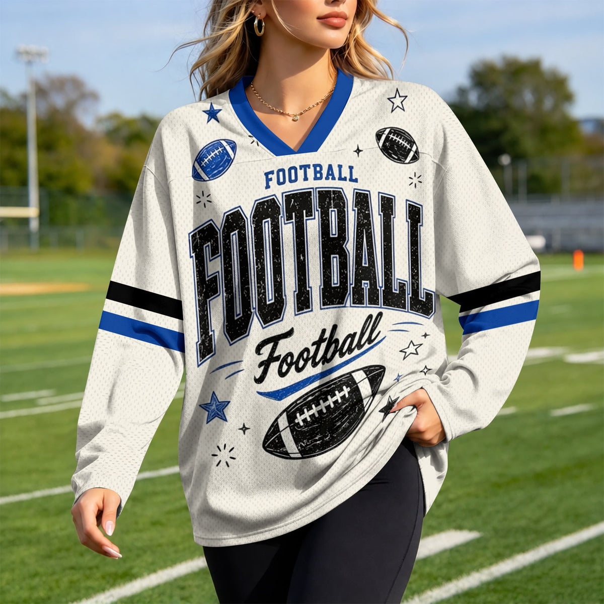 BFRGSIJ Women's Football Game Day Shirts Long Sleeve V Neck Mesh Jersey Vintage Football Graphic Casual Sport Top for Tailgate Party XL