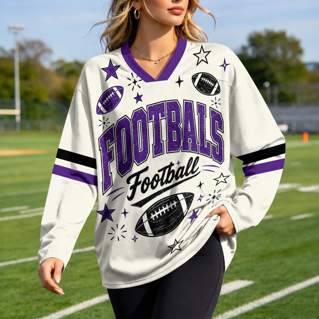 Football Shirts for Women Long Sleeve V Neck Vintage Game Day Graphic Sports Mesh Jersey Beige XL