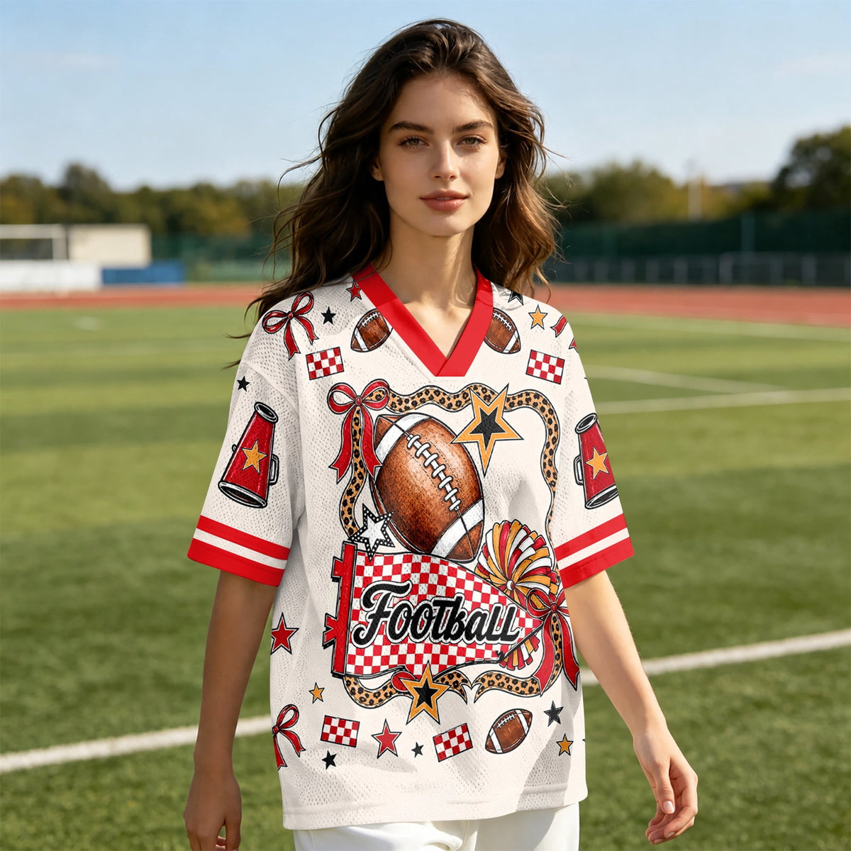 BFRGSIJ Women's Football Jersey V Neck Casual Short Sleeve Game Day Football Tee Shirt L