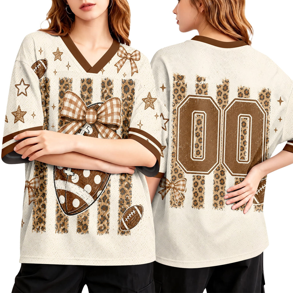 BFRGSIJ Women's Football Game Day Mesh Jersey V Neck Short Sleeve Top Leopard Bow Football Graphic Casual Sport Shirt for Game Day XL