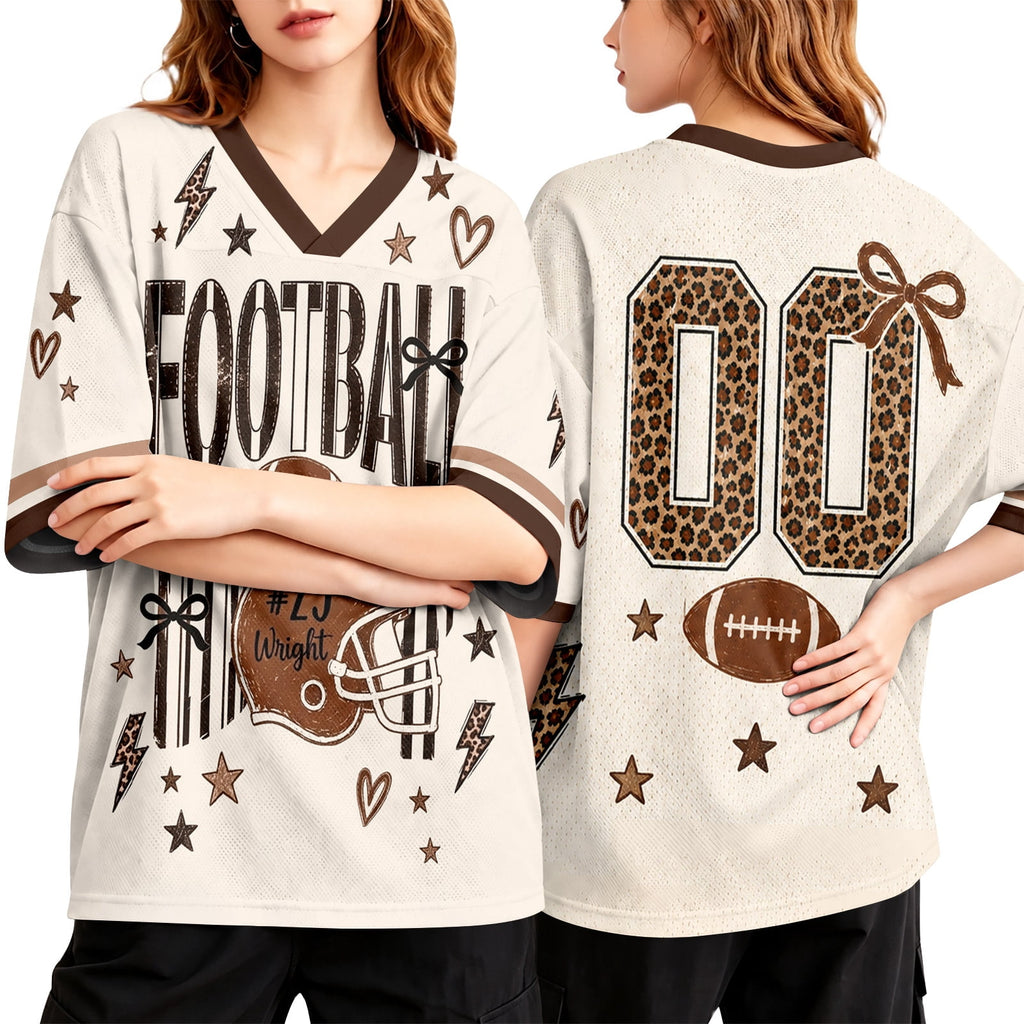 BFRGSIJ Women's Football Game Day Mesh Jersey V Neck Short Sleeve Top Leopard Bow Football Graphic Casual Sport Shirt for Game Day XL