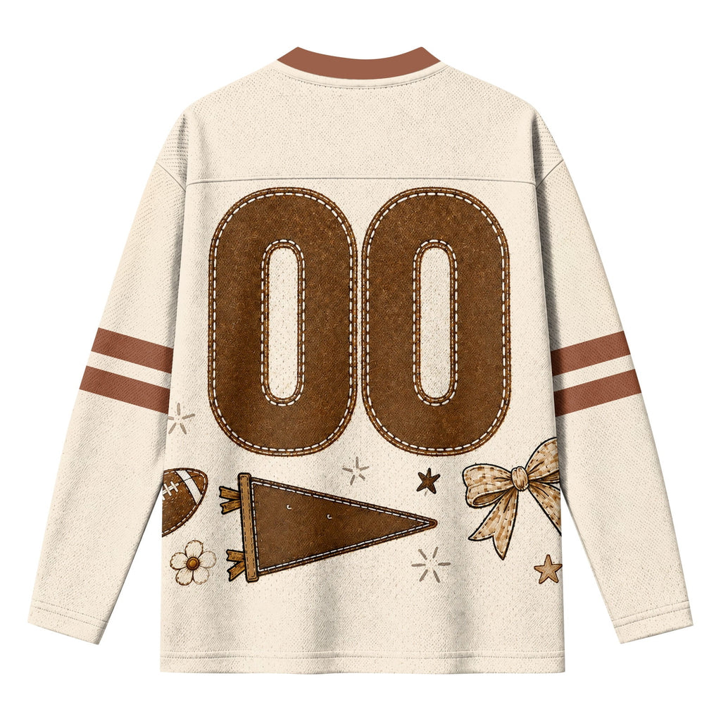 Football Shirts for Women Long Sleeve V Neck Vintage Game Day Graphic Sports Mesh Jersey Beige XL