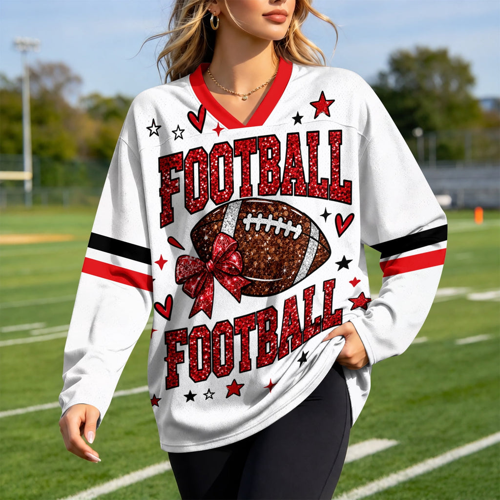 Football Shirts for Women Long Sleeve V Neck Vintage Game Day Graphic Sports Mesh Jersey Beige XL