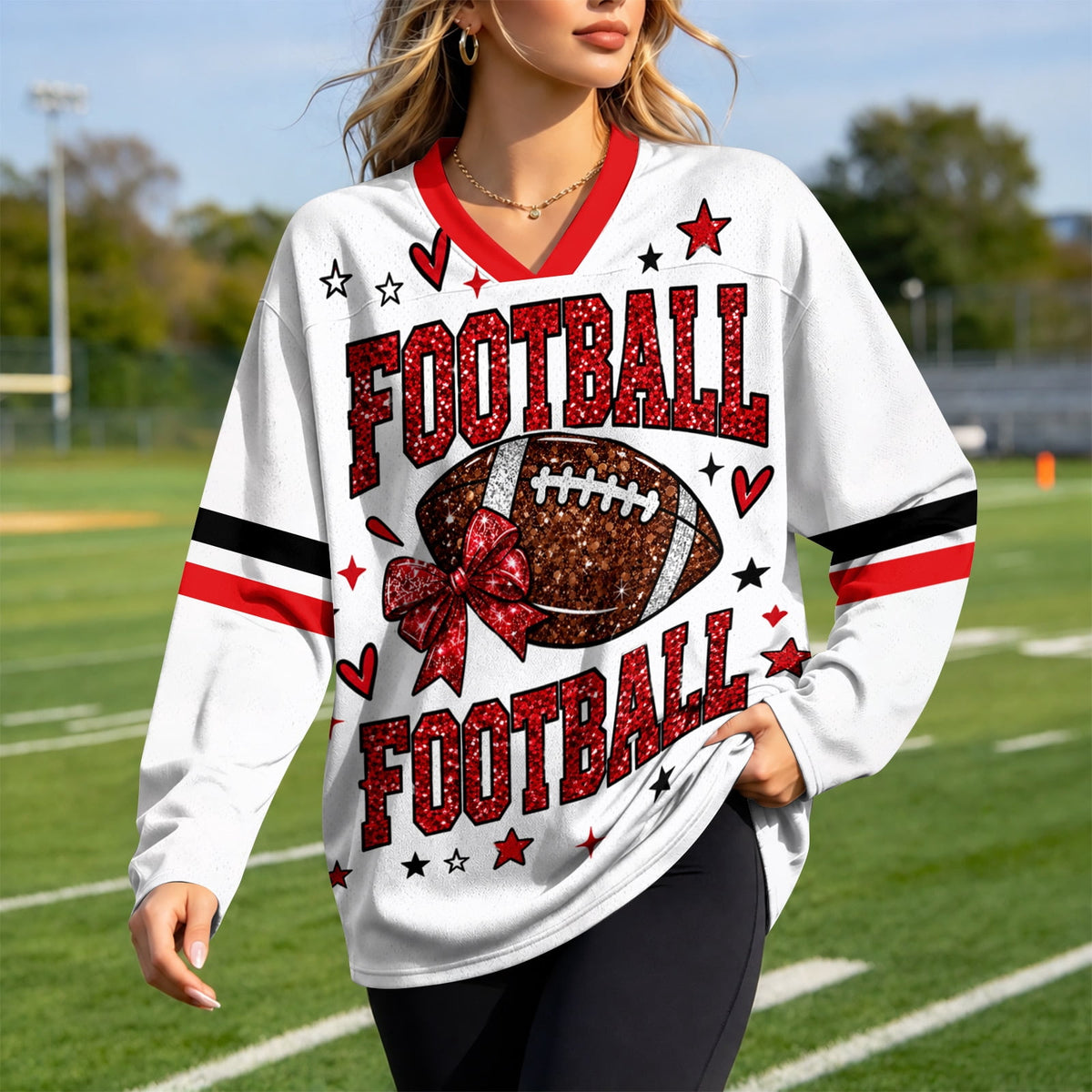 Football Shirts for Women Long Sleeve V Neck Vintage Game Day Graphic Sports Mesh Jersey Beige XL