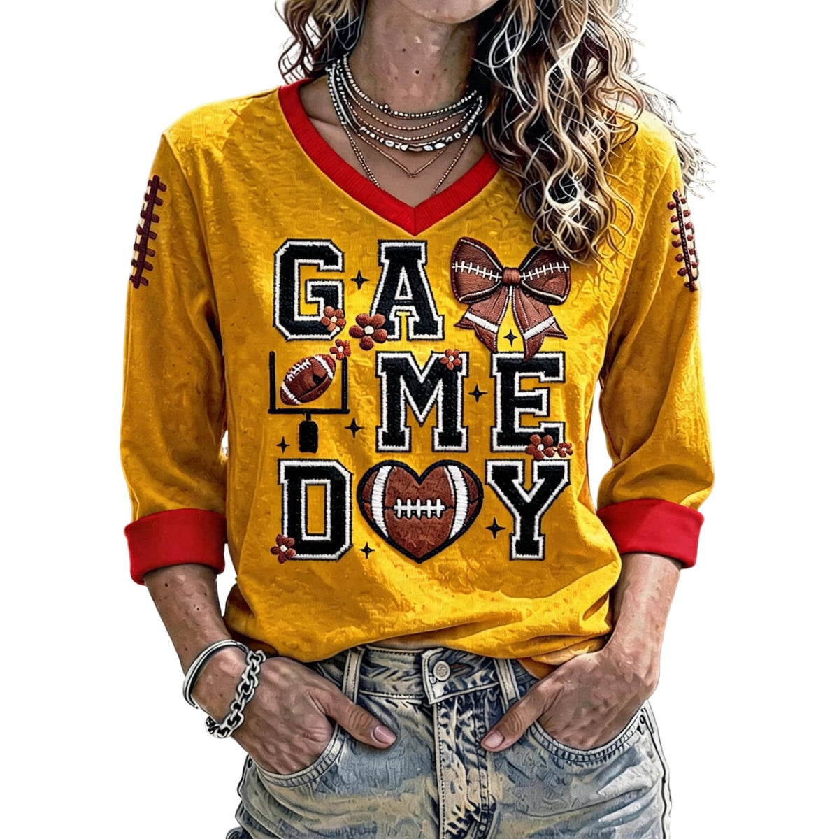 Football 3/4 Sleeve Shirts for Women Gameday Shirt Game Day Jersey V Neck