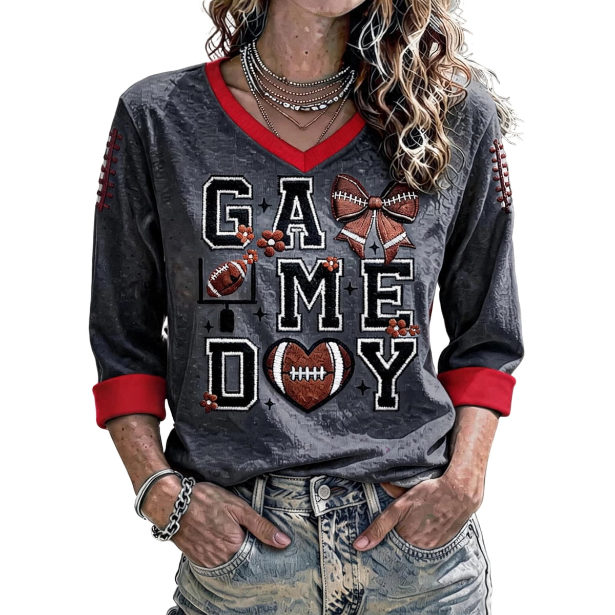 Football 3/4 Sleeve Shirts for Women Gameday Shirt Game Day Jersey V Neck