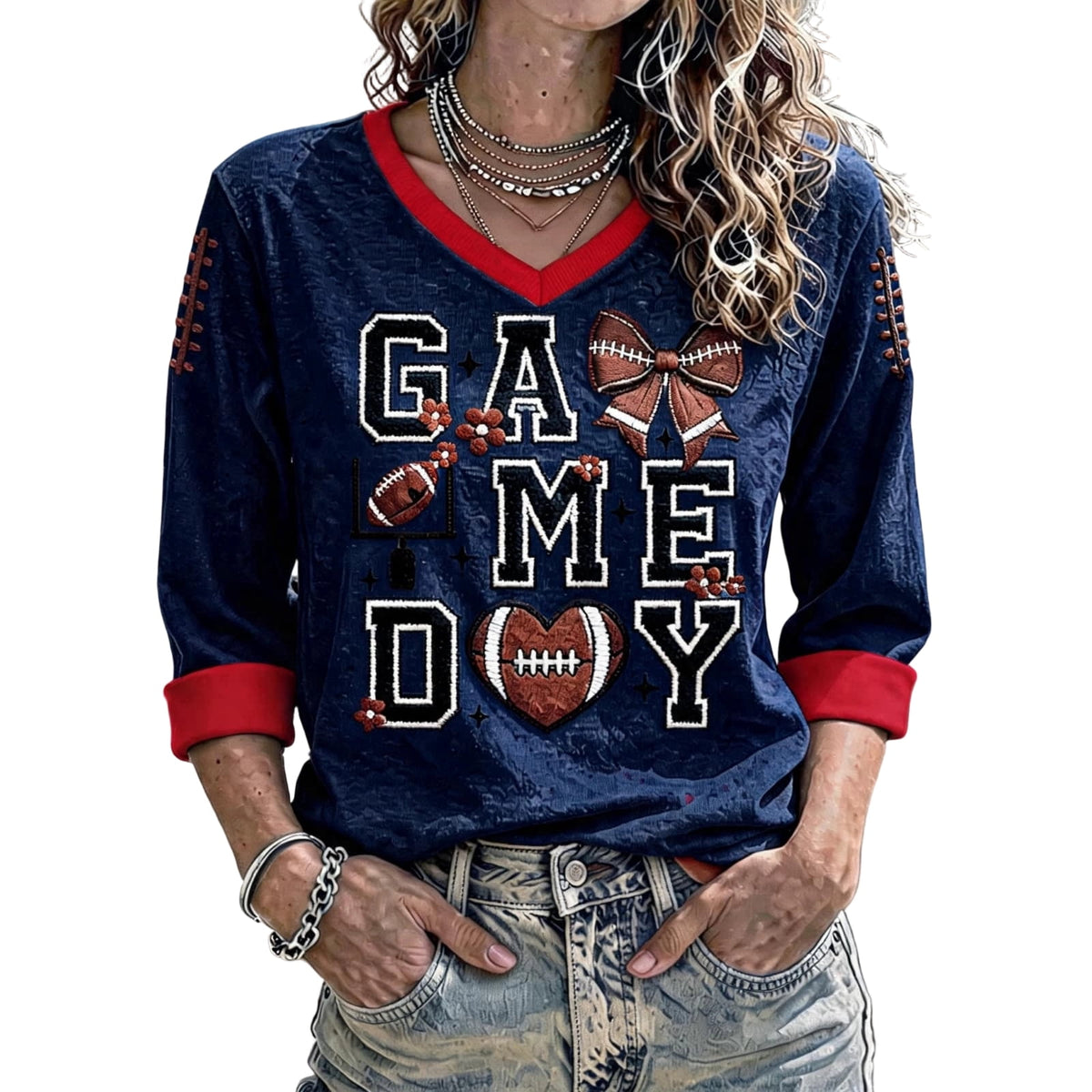 Football 3/4 Sleeve Shirts for Women Gameday Shirt Game Day Jersey V Neck