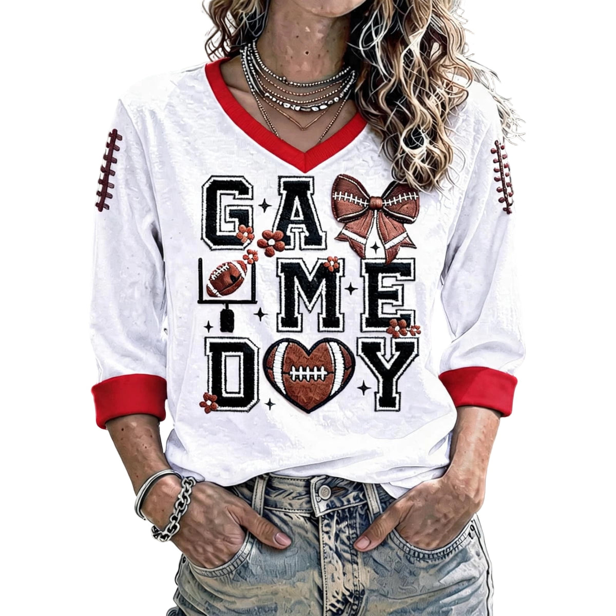 Football 3/4 Sleeve Shirts for Women Gameday Shirt Game Day Jersey V Neck