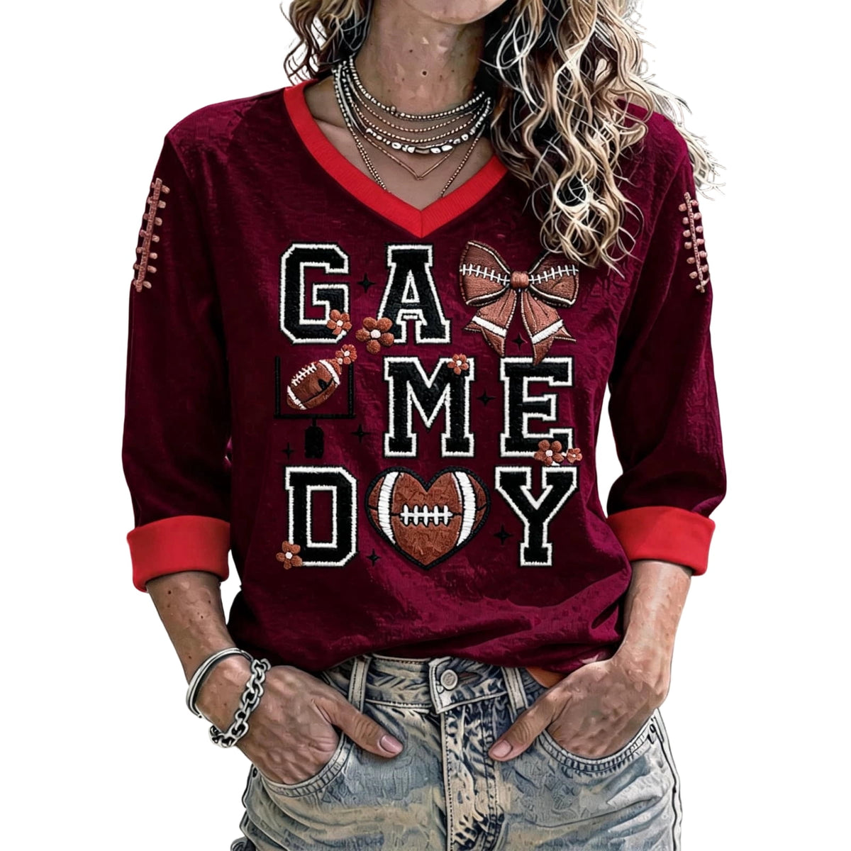 Football 3/4 Sleeve Shirts for Women Gameday Shirt Game Day Jersey V Neck