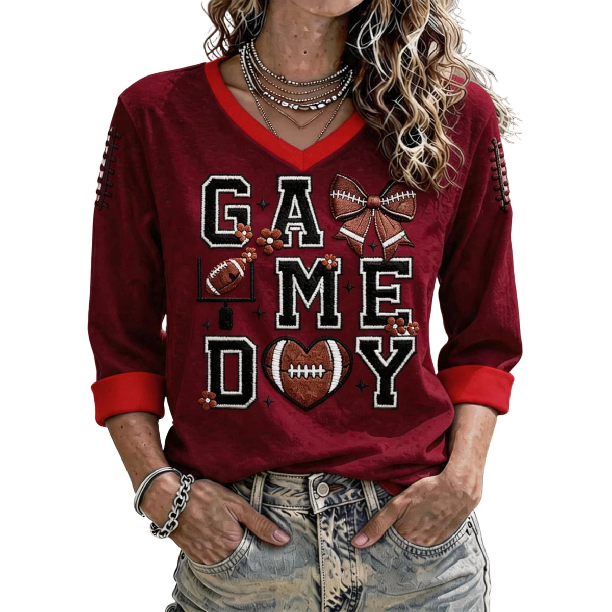Football 3/4 Sleeve Shirts for Women Gameday Shirt Game Day Jersey V Neck