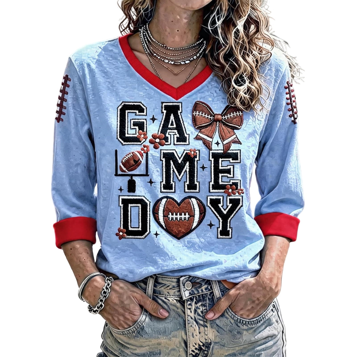 Football 3/4 Sleeve Shirts for Women Gameday Shirt Game Day Jersey V Neck