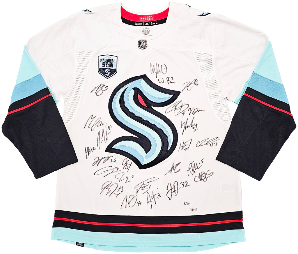 Seattle Kraken Inaugural Season Team Signed Autographed White Adidas Jersey Size 54 With 24 Signatures Including Jordan Eberle, Jared McCann & Yanni Gourde #/50 Fanatics Holo 215412