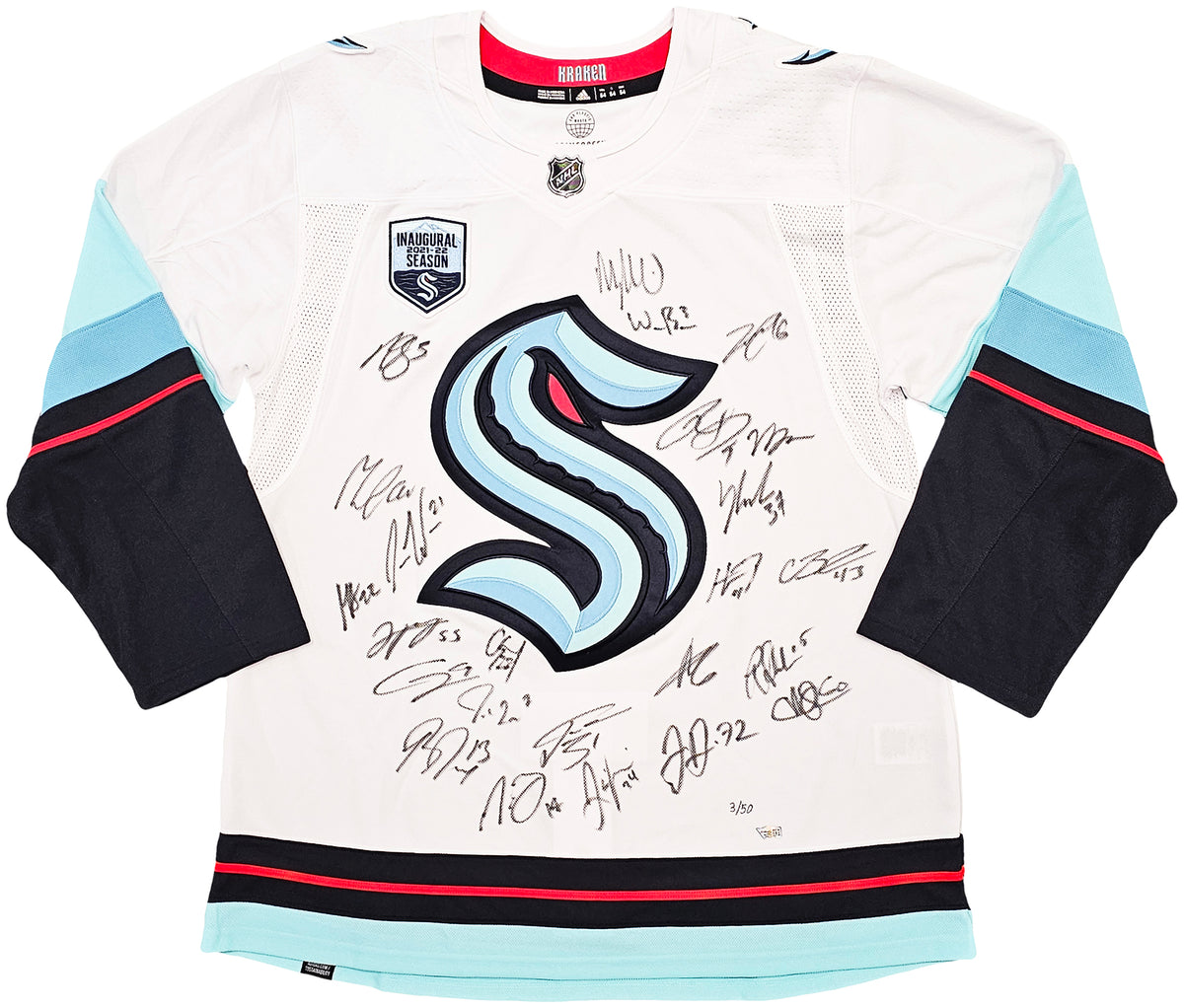 Seattle Kraken Inaugural Season Team Signed Autographed White Adidas Jersey Size 54 With 24 Signatures Including Jordan Eberle, Jared McCann & Yanni Gourde #/50 Fanatics Holo 215412