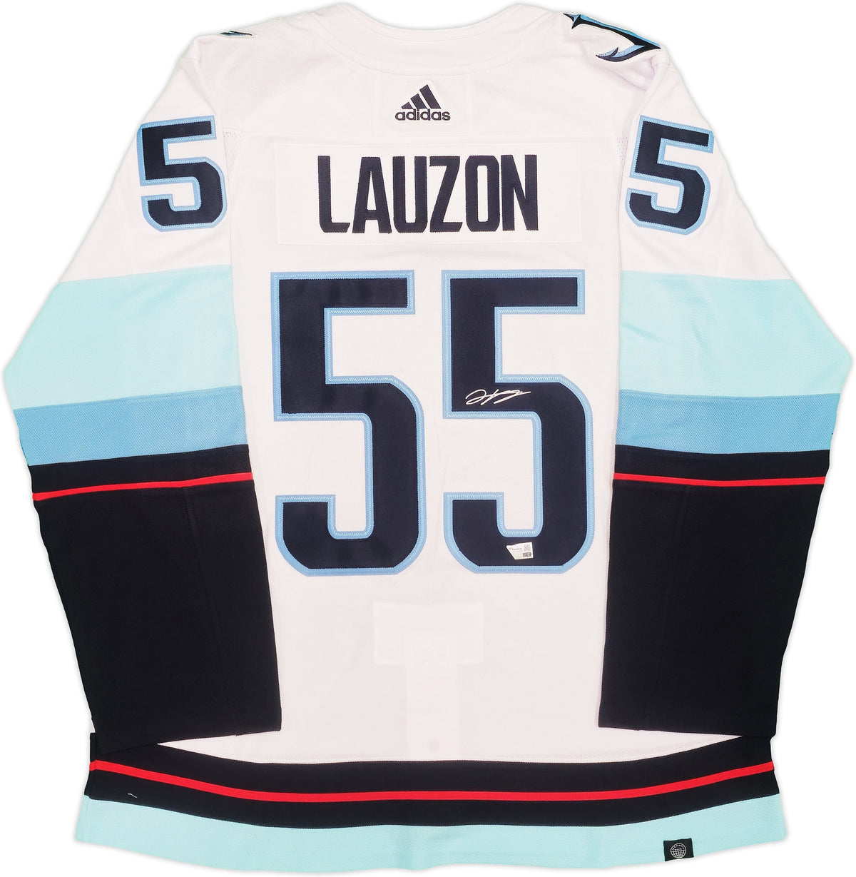 Seattle Kraken Jeremy Lauzon Autographed White Adidas Authentic Jersey Size 54 With Inaugural Season Patch Fanatics Holo 235576