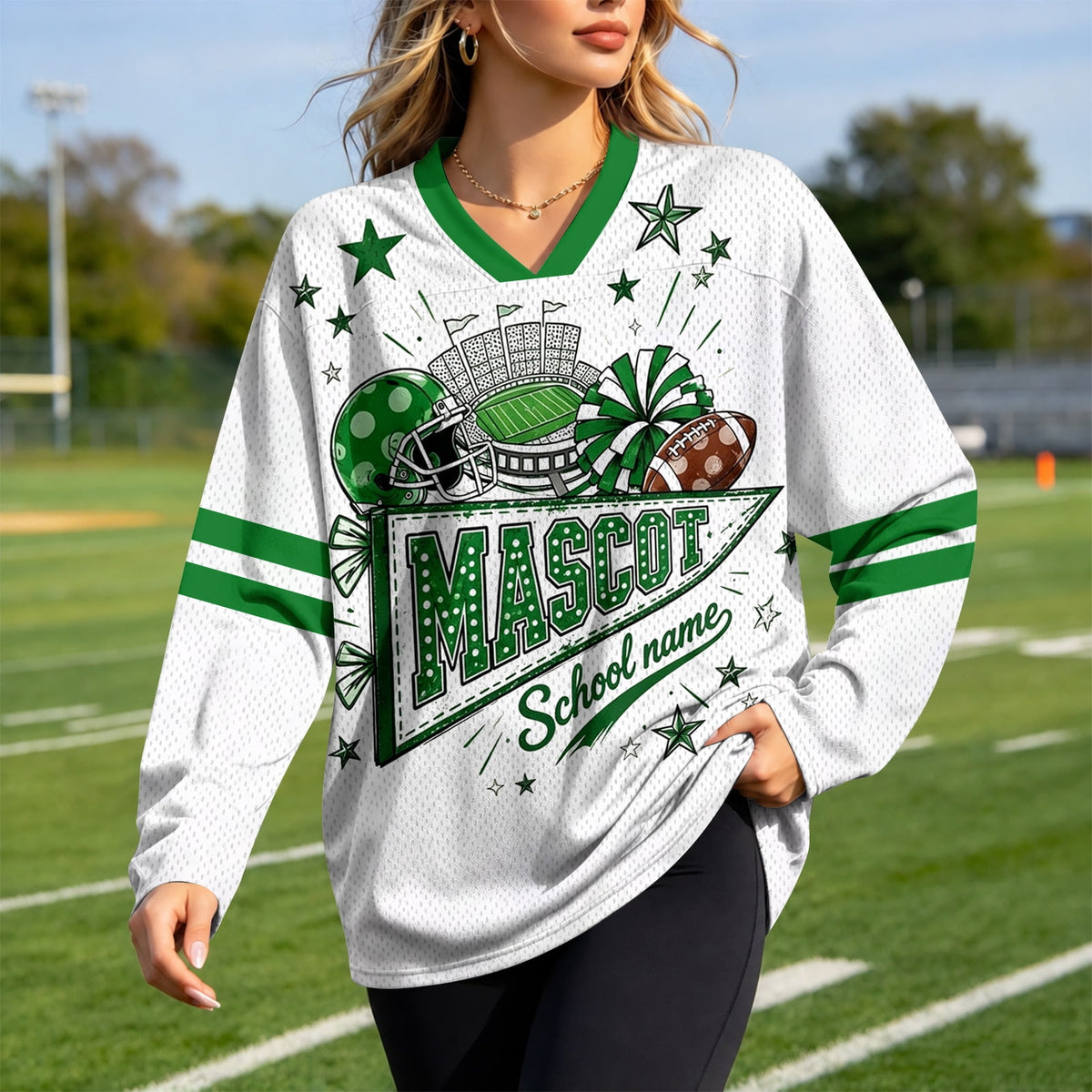 Football Shirts for Women Long Sleeve V Neck Vintage Game Day Graphic Sports Mesh Jersey Beige XL