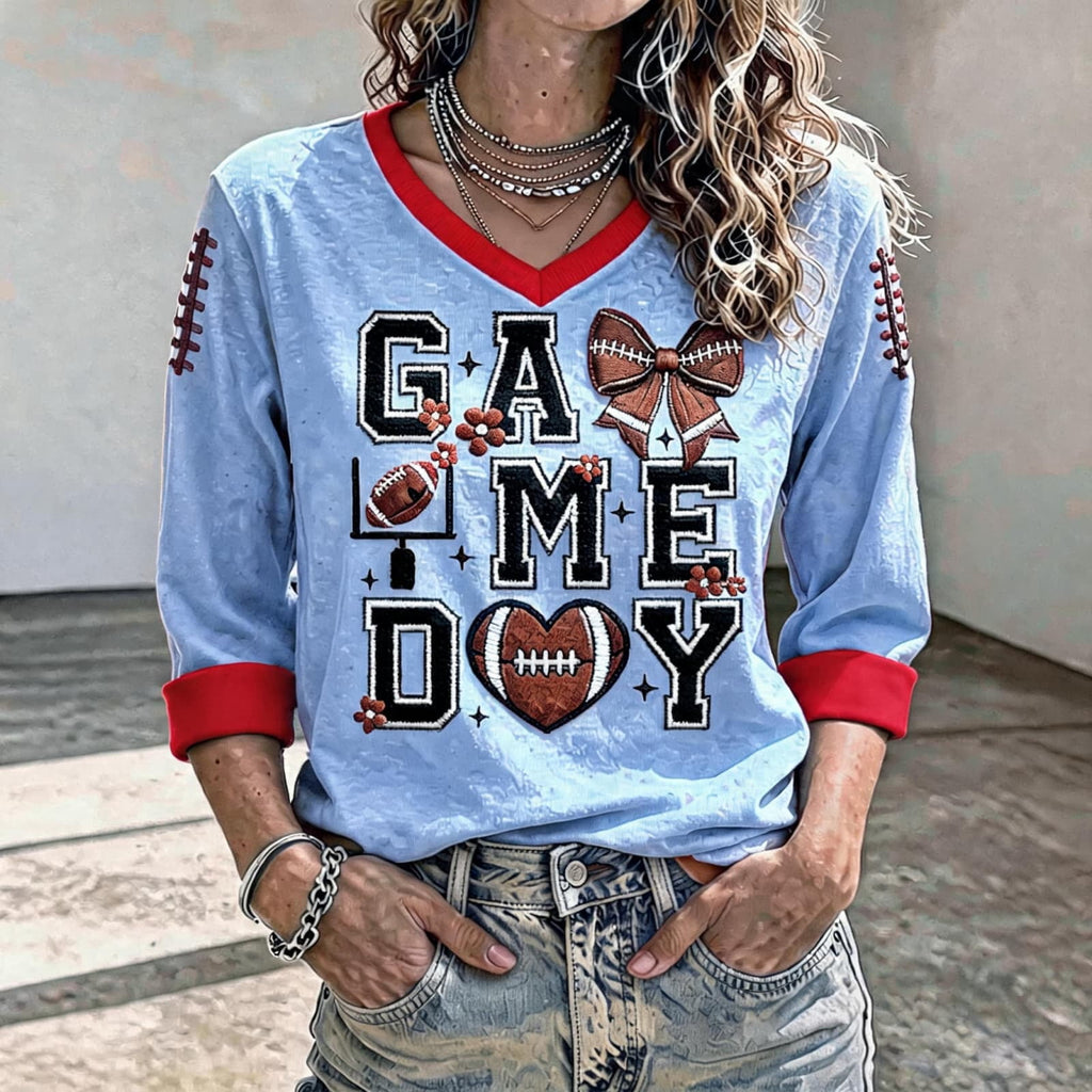 Football 3/4 Sleeve Shirts for Women Gameday Shirt Game Day Jersey V Neck