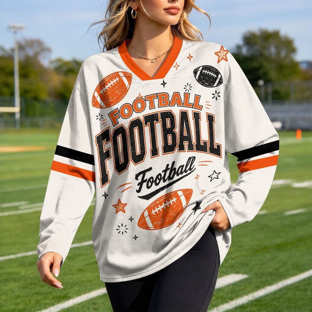 BFRGSIJ Women's Football Game Day Shirts Long Sleeve V Neck Mesh Jersey Vintage Football Graphic Casual Sport Top for Tailgate Party XL