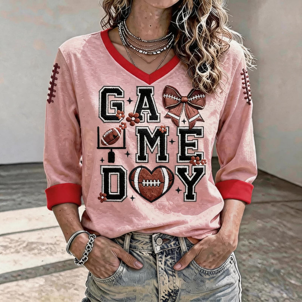 Football 3/4 Sleeve Shirts for Women Gameday Shirt Game Day Jersey V Neck
