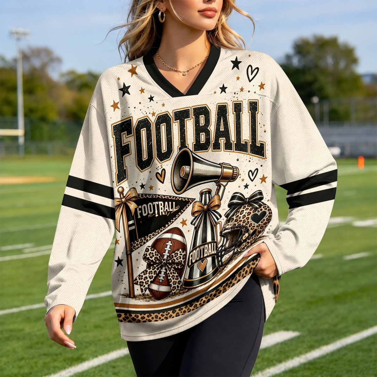 BFRGSIJ Women's Football Game Day Shirts Long Sleeve V Neck Mesh Jersey Vintage Football Graphic Casual Sport Top for Tailgate Party XL