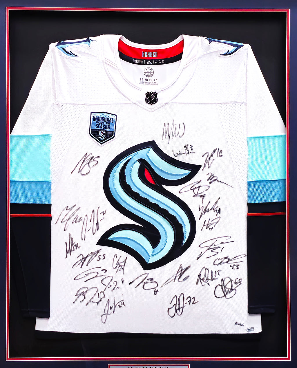 Seattle Kraken 2021-22 Inaugural Season Team Signed Autographed Framed White Adidas Jersey With 24 Signatures Including Jordan Eberle & Jared McCann Fanatics Holo 223780