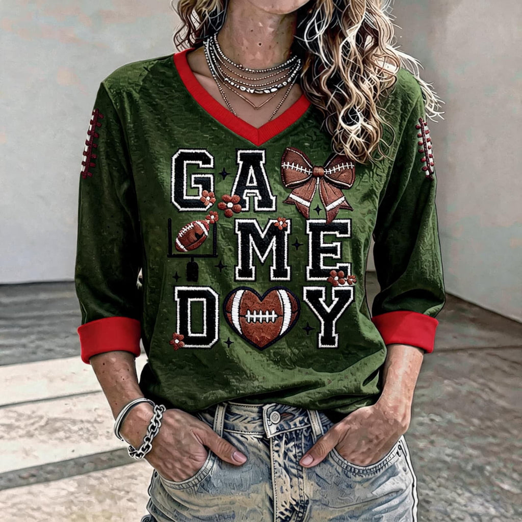Football 3/4 Sleeve Shirts for Women Gameday Shirt Game Day Jersey V Neck