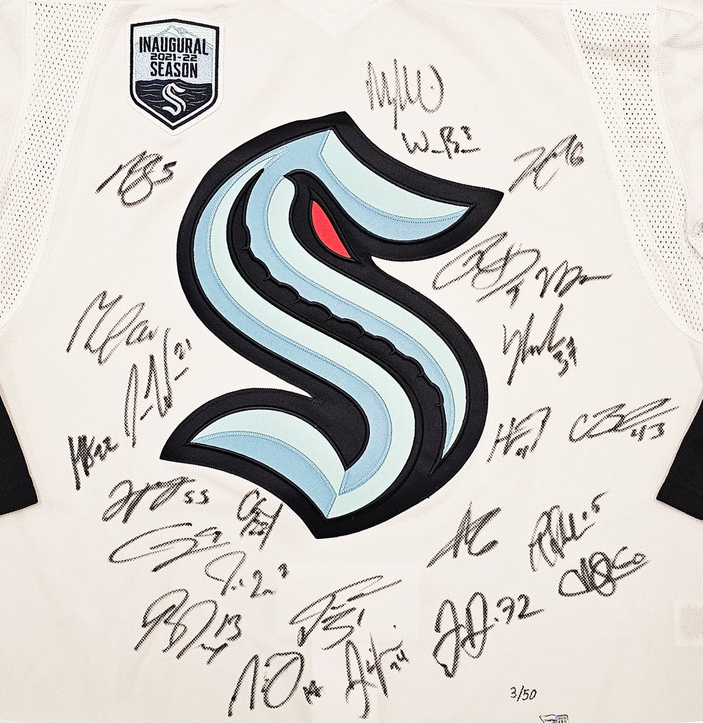 Seattle Kraken Inaugural Season Team Signed Autographed White Adidas Jersey Size 54 With 24 Signatures Including Jordan Eberle, Jared McCann & Yanni Gourde #/50 Fanatics Holo 215412