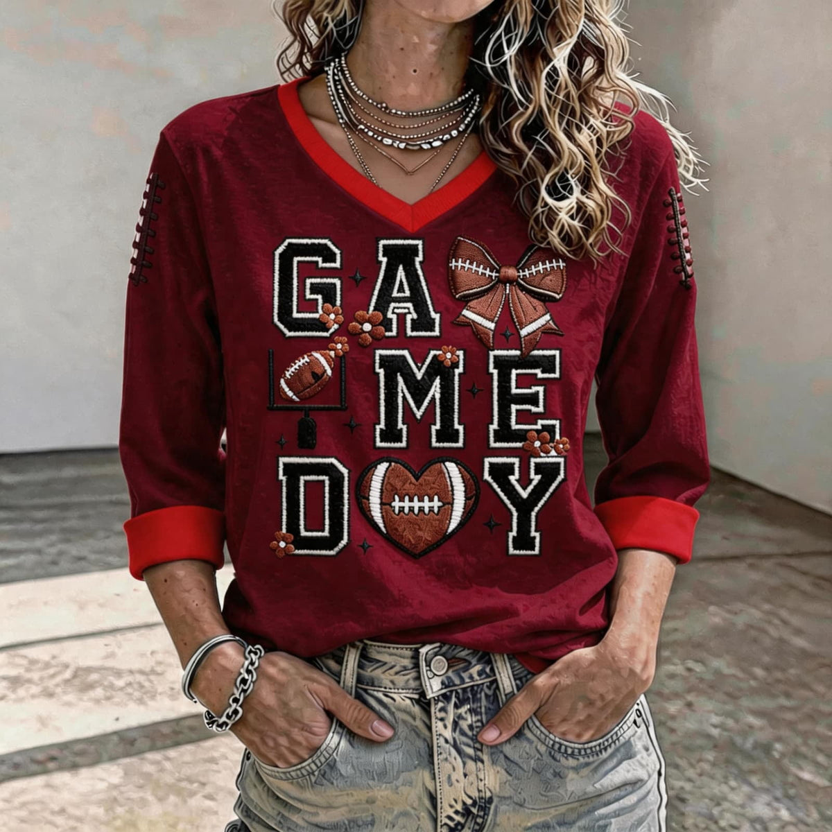 Football 3/4 Sleeve Shirts for Women Gameday Shirt Game Day Jersey V Neck